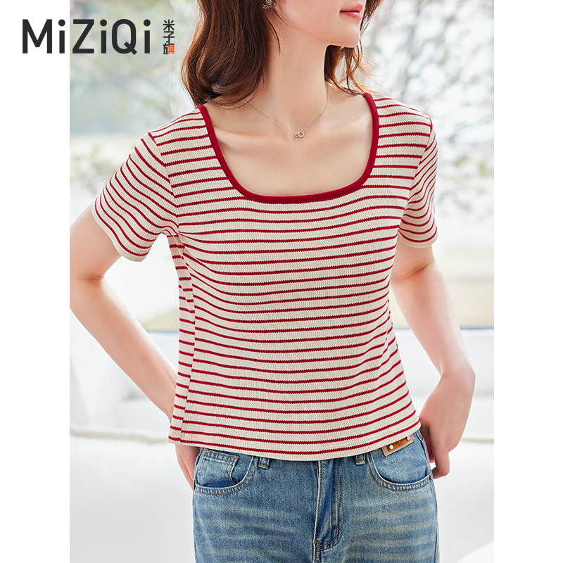 米子旗u领短袖t恤女夏款2024新款红色条纹洋气百搭修身气质上衣潮