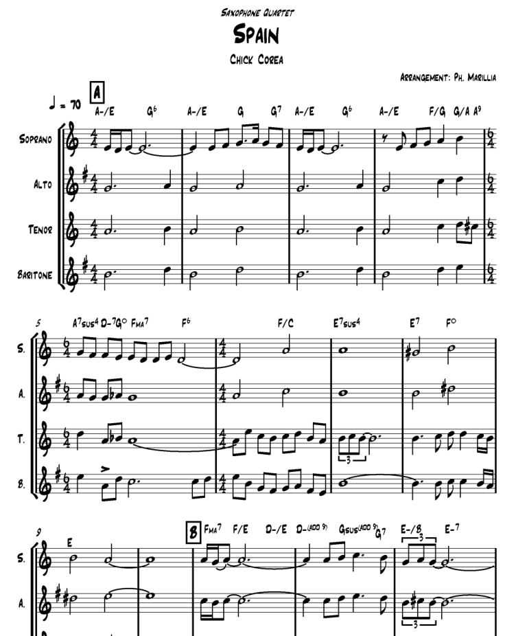 萨克斯四重奏大爵士乐队西班牙spain乐谱pdf
