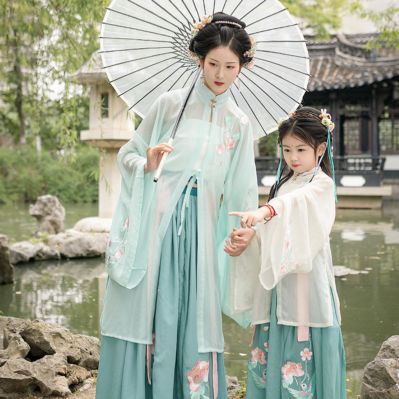 女童原创汉服春中国风明制立领对襟大袖衫亲子超仙轻纱长衫齐腰裙