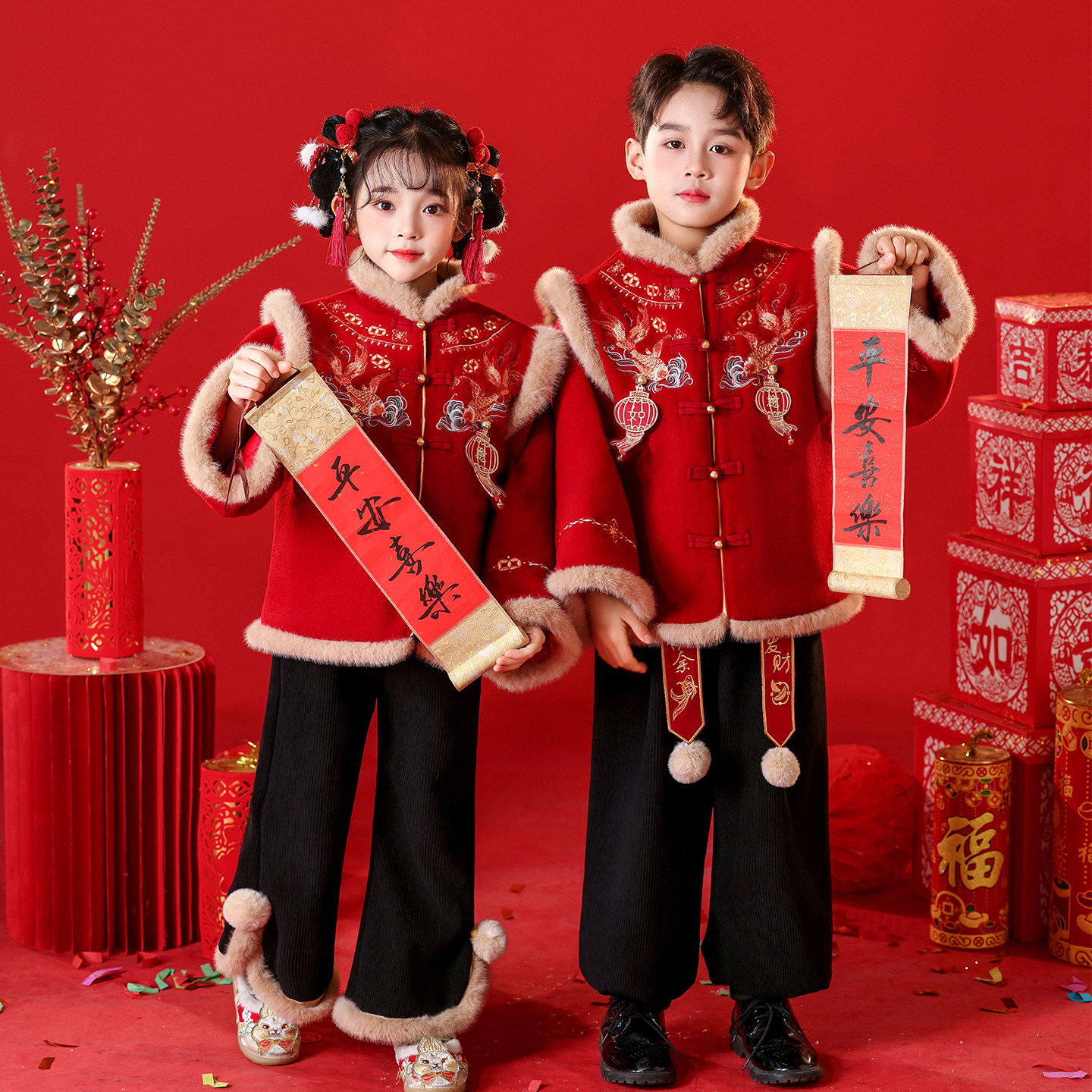 女童新中式男童拜年服冬儿童加厚款过年服装宝宝喜庆周岁演出套装