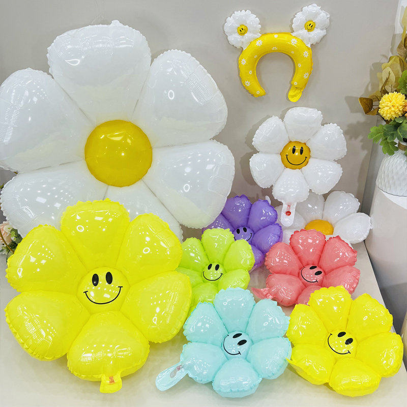 生日装饰马卡龙色大中号小雏菊气球 派对户外白色太阳花鸡蛋菊花