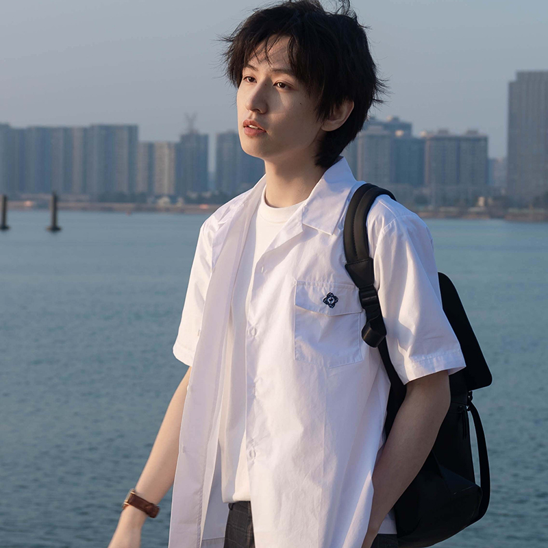 Anzmo贩卖元气  円崎中新款开襟衬衫 夏季短袖白色上衣学生DK制服