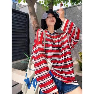HZ韩系条纹长袖 上衣潮 t恤女2025早秋新款 宽松休闲百搭显瘦针织衫