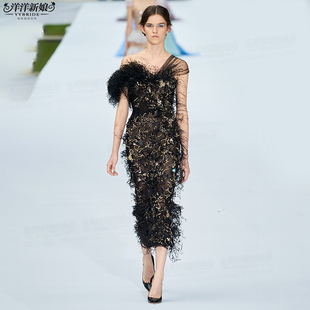 包肩袖 名媛生日宴酒会年会仙裙女 羽毛显瘦鱼尾敬酒服新娘2022新款