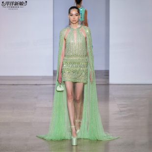 显瘦挂脖拖尾裙2023新款 性感生日宴酒会年会名媛聚会闪钻明星礼服