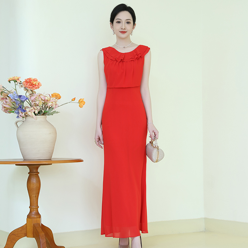 多丽琦新款连衣裙红色优雅喜婆婆婚宴礼服主持减龄晚礼服显瘦轻奢