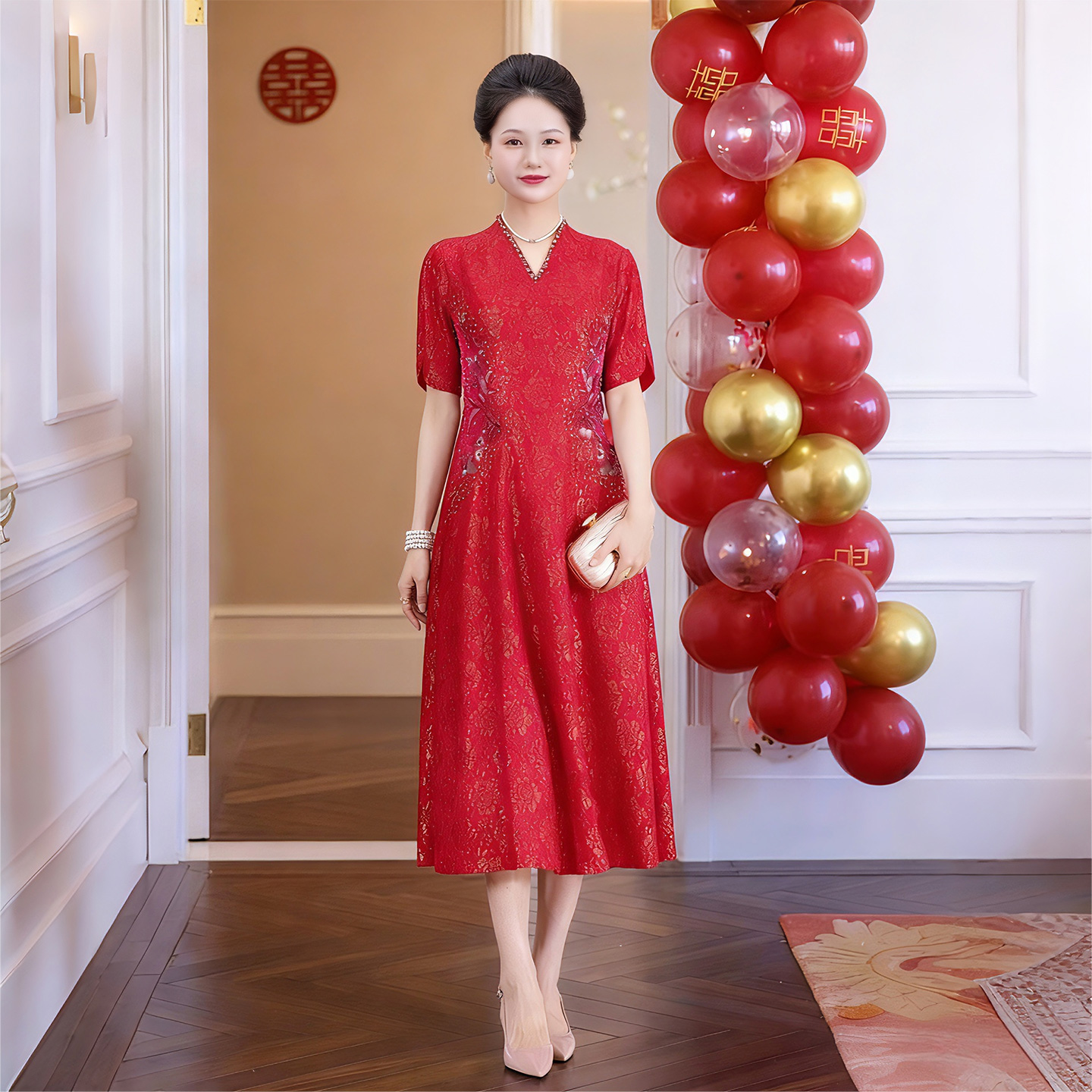 多丽琦红色V领短袖旗袍