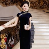 多丽琦国风新中式 改良版 古法旗袍显瘦秋冬高档宴会主持晚礼服蓝色