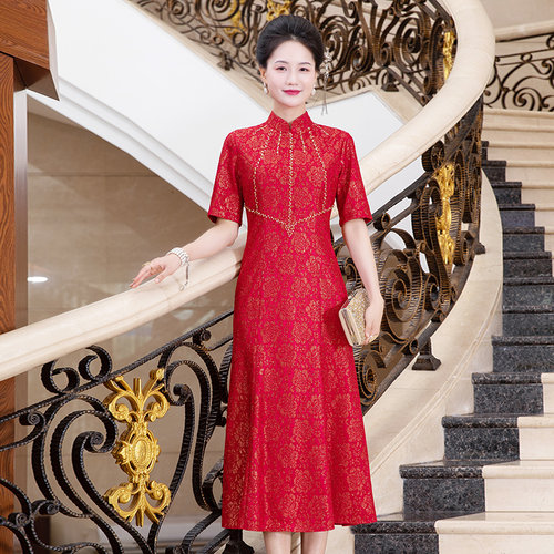 多丽琦婚宴妈妈装红色旗袍连衣裙