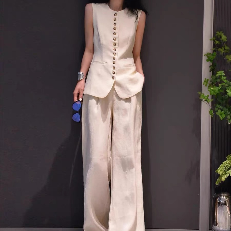 2025夏季高端麻料亚麻马甲套装女设计感时尚名媛气质西装马夹阔腿