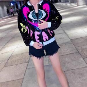 2025春秋欧洲站新款外贸潮牌亮片彩睛立领百搭长袖上衣外套女