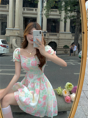 Real price real shot Pink Floral Dress summer clavicle close waist show atmosphere bubble sleeve oil painting first love skirt