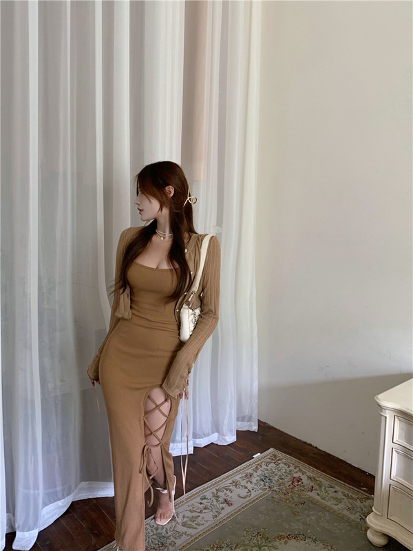 Real price real shooting SLING DRESS temperament close waist bandage long skirt show thin split skirt + short sunscreen sweater
