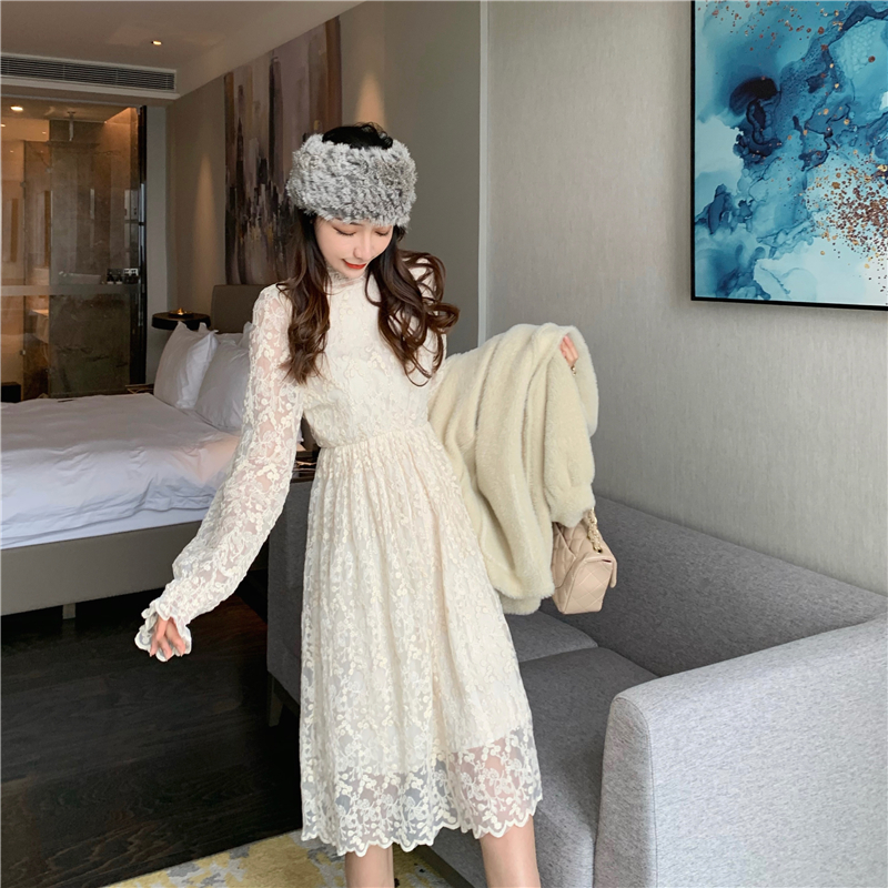 Real price photo of new fall and winter knee length lace dress with long sleeves and bottoming skirt, women's stand up collar and waist length skirt