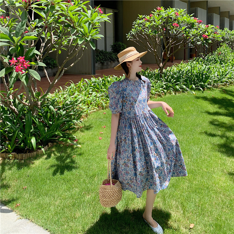 Real price real shot girl sweet lovely blue purple broken flower show white show thin bubble sleeve doll dress