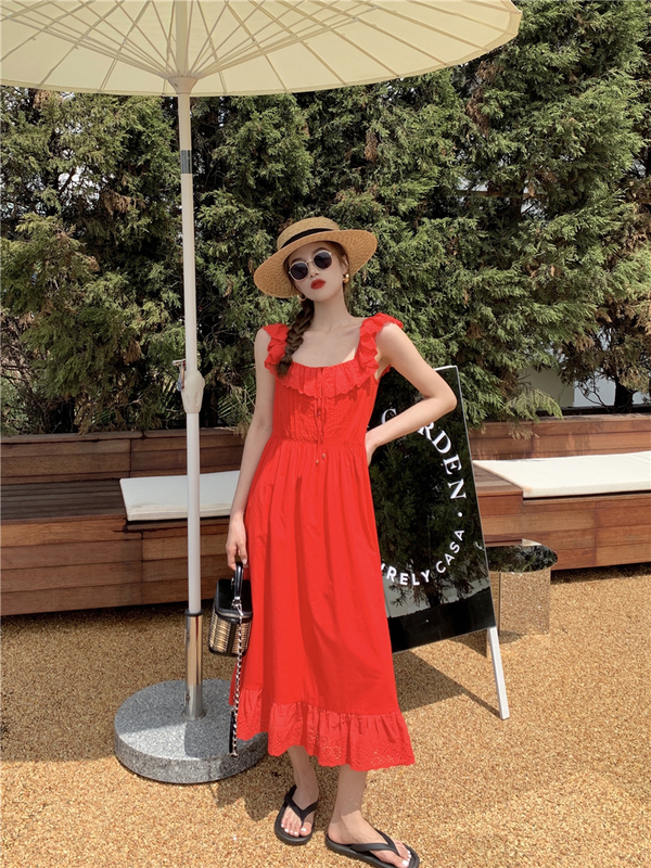 Real price real shot Korean version medium length Ruffle square collar dress French design A-line long skirt
