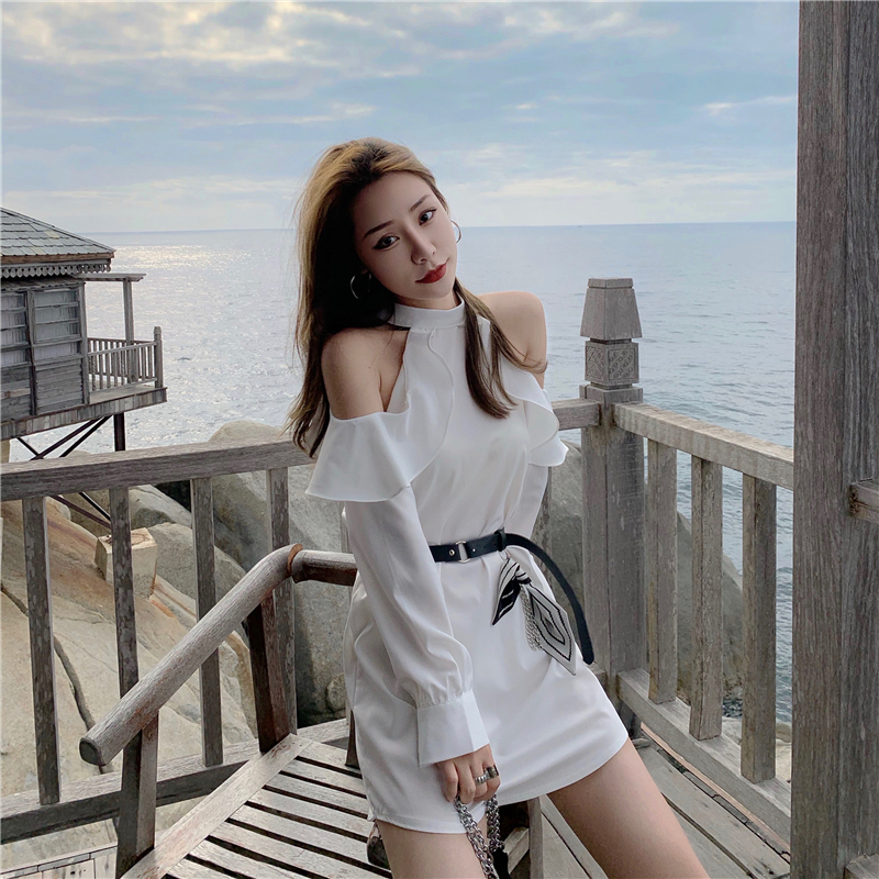 French lady off shoulder Ruffle Long Sleeve Chiffon Dress + belt