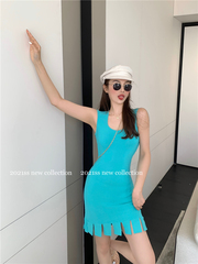 Hong Kong style square collar with low price and high quality knitted WAISTCOAT DRESS