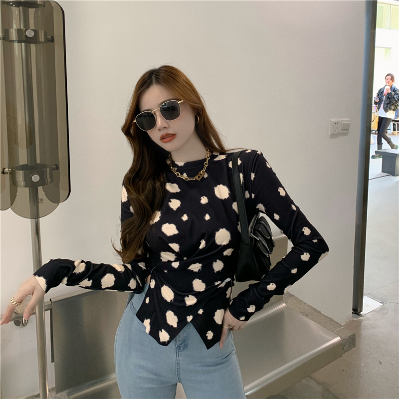 Real price shooting new personalized Korean black and white polka long sleeve crew neck Pullover cross show thin bottoming top