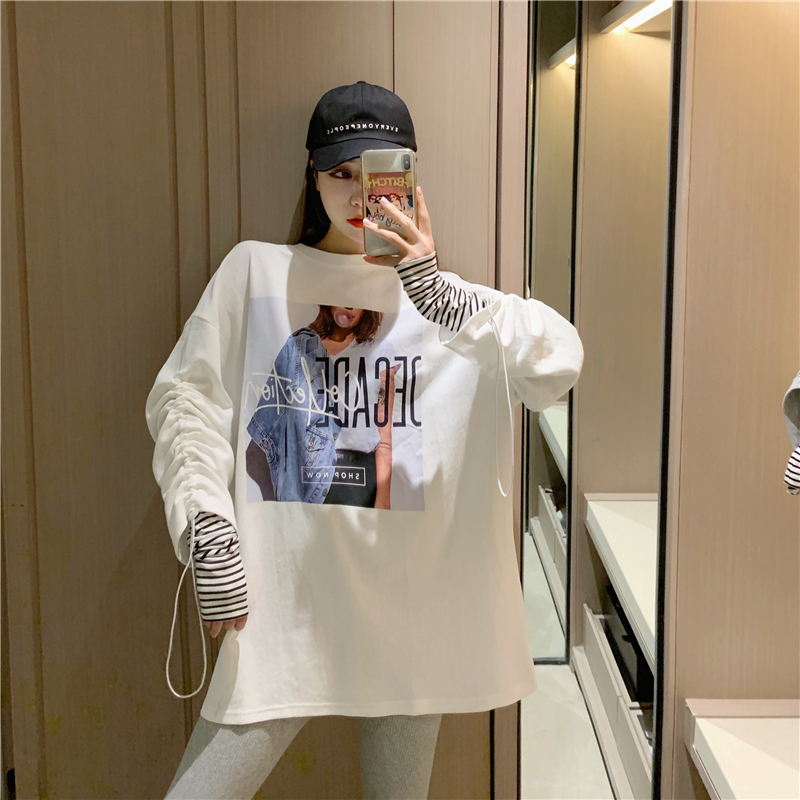 Real price live shot Korean loose casual niche design versatile Print Long Sleeve contrast striped drawstring T-shirt