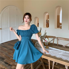 Real price real shot French first love sweet design bubble sleeve square collar air bead chain bag waist dress