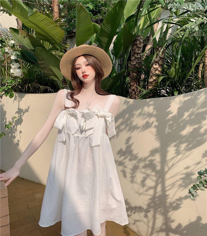 Real price real auction cream skirt bra big bow suspender skirt solid color elf high waist A-line skirt