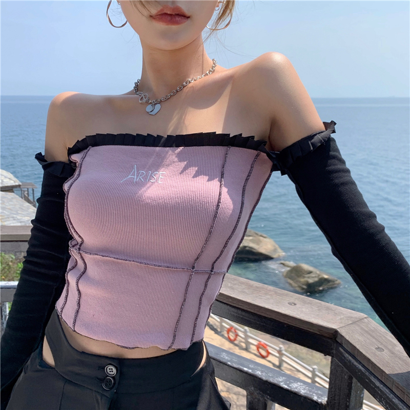 Real price real shot sexy one shoulder color contrast long sleeve T-shirt spring ear edge short design top