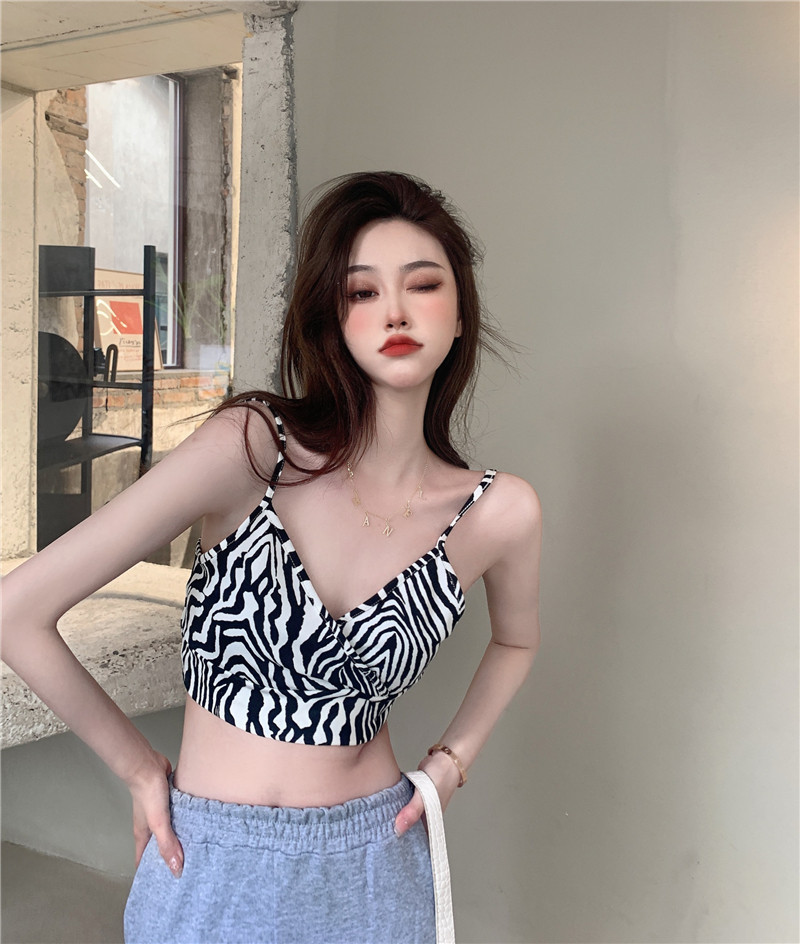 Real price real shooting zebra pattern suspender vest with chest wrapped anti light short bottomed sexy top