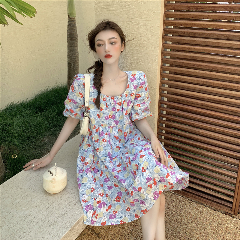 Real price real shot French pastoral style floral air bubble short sleeve medium length dress