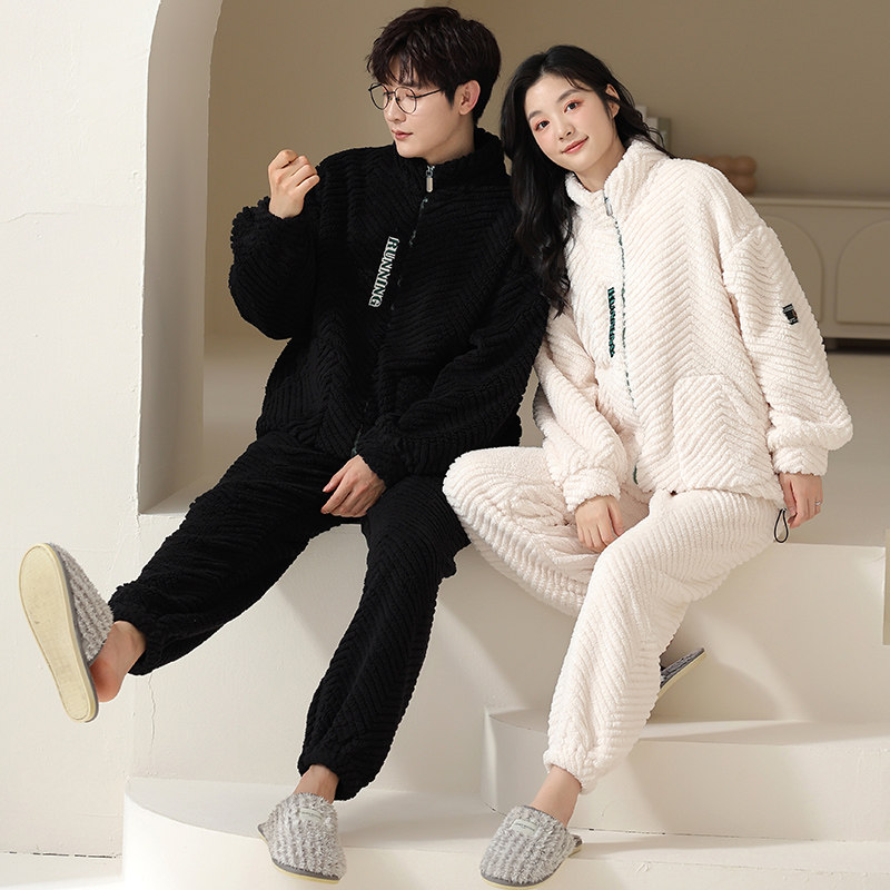 加厚法兰绒情侣睡衣冬季拉链开衫珊瑚绒加绒加厚保暖男女士家居服