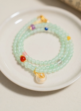 原创《春林》天然绿玉髓南红青金水晶蜜蜡三圈长款手串手链项链女