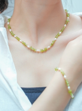 小森林天然淡水珍珠绿橄榄石锁骨链女2024夏新款清新文艺百搭项链