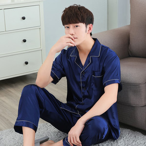 睡衣男丝绸夏季薄款丝质睡衣男士短袖长裤休闲大码冰丝家居服套装