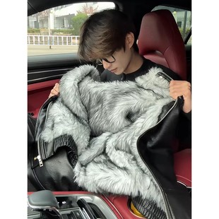 美式黑色连帽座山雕皮衣外套棉服男冬季加绒加厚痞帅毛领棉衣夹克