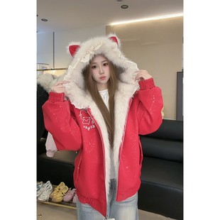 冬季新款可爱毛绒座山雕连帽棉服女款加厚高级感保暖宽松棉袄外套