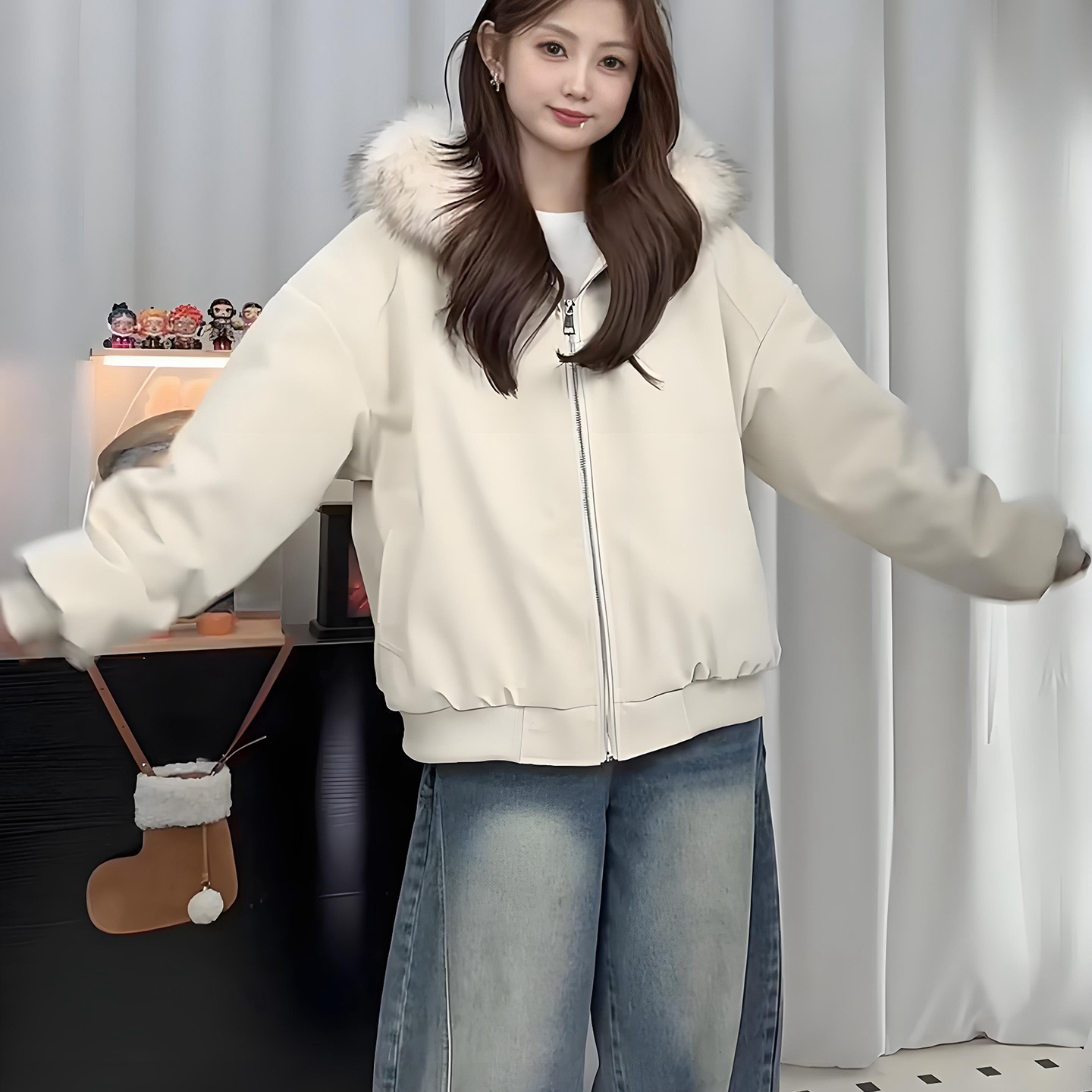 座山雕连帽大毛领棉服外套