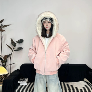 粉色座山雕棉服外套冬季男女同款加厚高级感保暖PU皮仿貂毛棉服潮