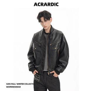 高级重磅肌理设计感boxy皮衣夹克男美式 复古多口袋廓形机车服外套