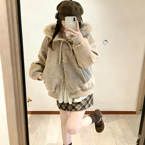 燕麦暖绒蝴蝶结绑带毛领棉服