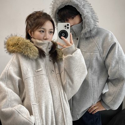 美式复古座山雕毛领棉服