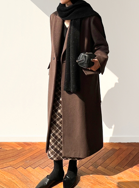 (2色）Plain Sight羊毛羊绒水波纹枪驳领束腰长款大衣
