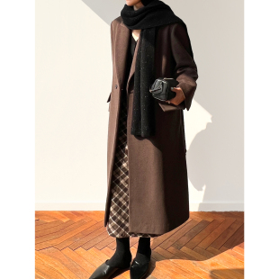 (2色）Plain Sight羊毛羊绒水波纹枪驳领束腰长款大衣