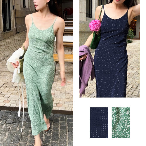 （2色）Plain Sight 浅绿雏菊、藏蓝波点立裁吊带连衣裙