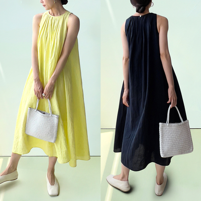 （2色）Plain Sight 浅黄、藏蓝亚麻压褶无袖宽松连衣裙