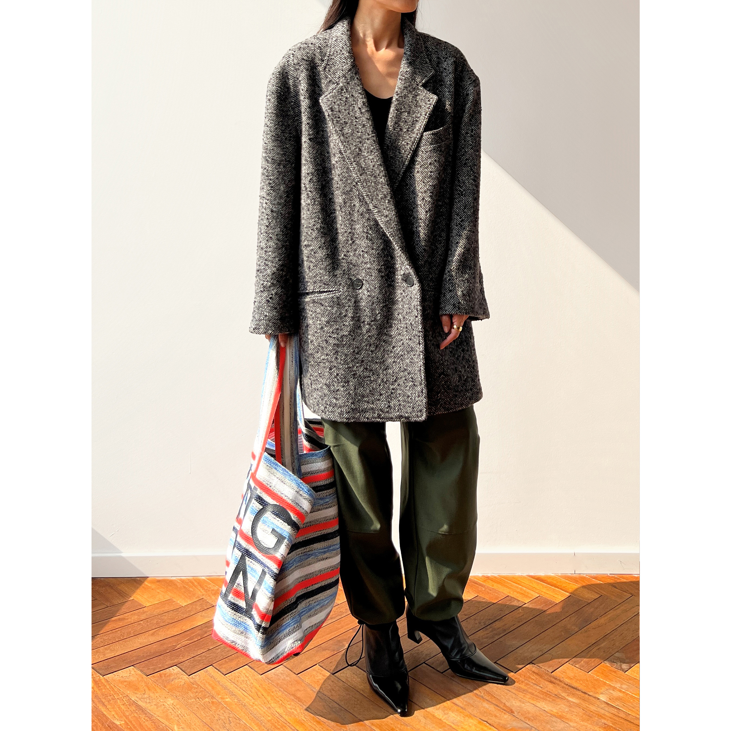 人字纹羊毛中长廓形男朋友西装