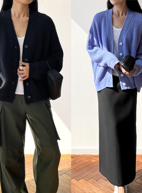 Plain Sight 蓝色、墨黑羊毛羊绒宽松落肩针织开衫