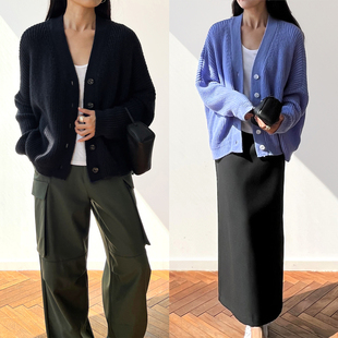 Plain Sight 蓝色、墨黑羊毛羊绒宽松落肩针织开衫