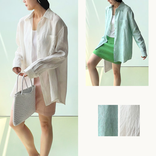 （2色）Plain Sight 绿色条纹、白色亚麻宽松廓形衬衫
