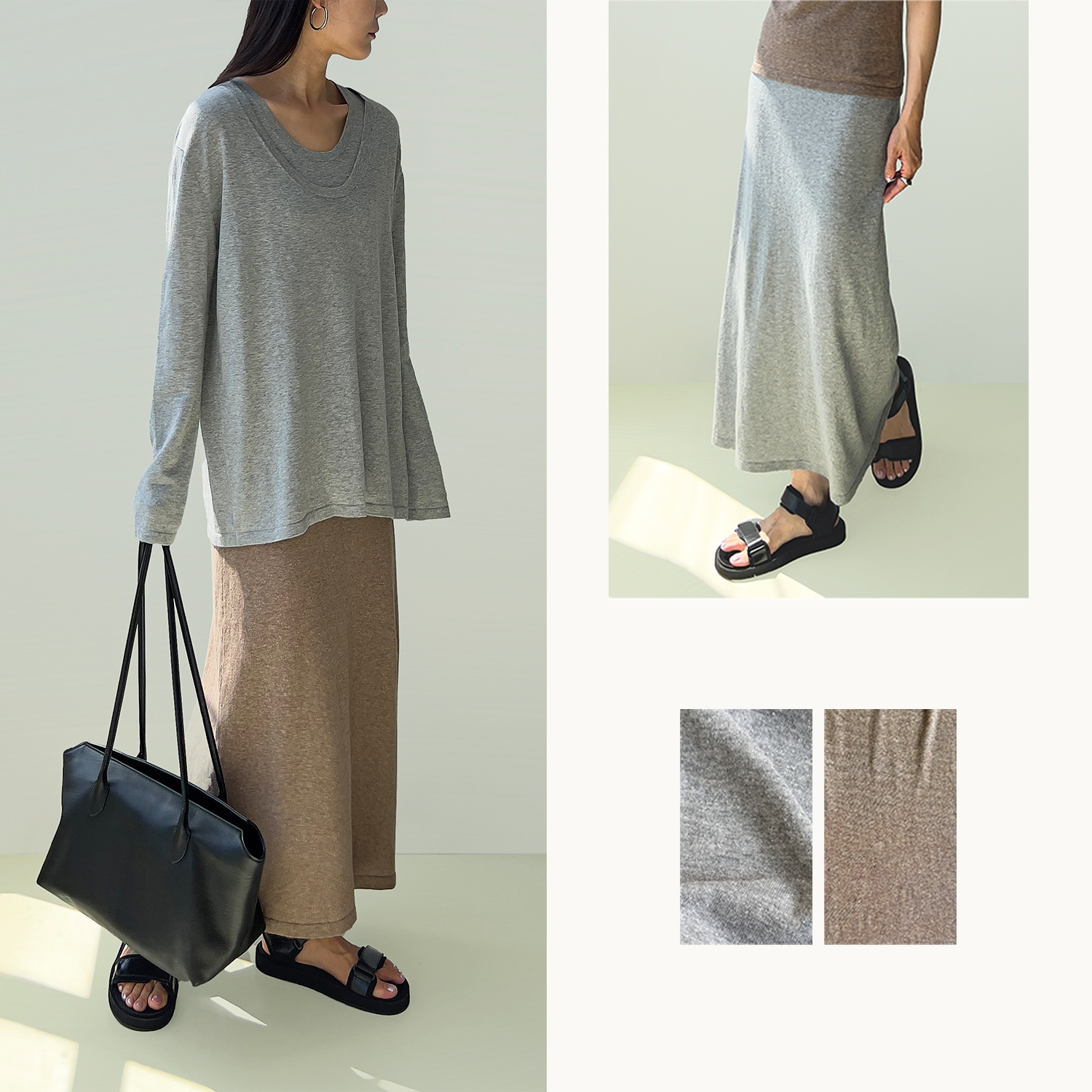 Plain Sight 燕麦色、浅灰色棉麻松紧腰茧型半身裙