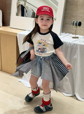 韩版童装2026夏季新款女童卡通动漫插肩袖短袖上衣洋气裙裤两件套